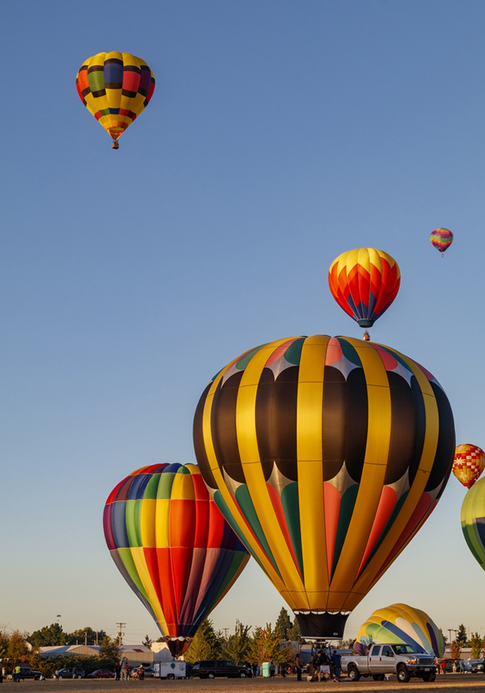 Hot air balloons being launched and in the air